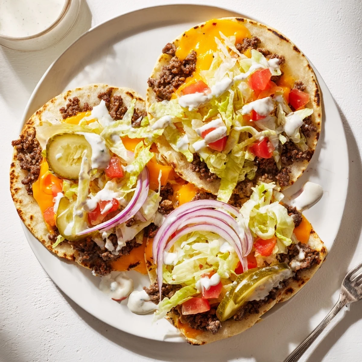 Crispy-edged smash burger tacos feature melted cheddar cheese nestled in warm flour tortillas with fresh lettuce and zesty special sauce