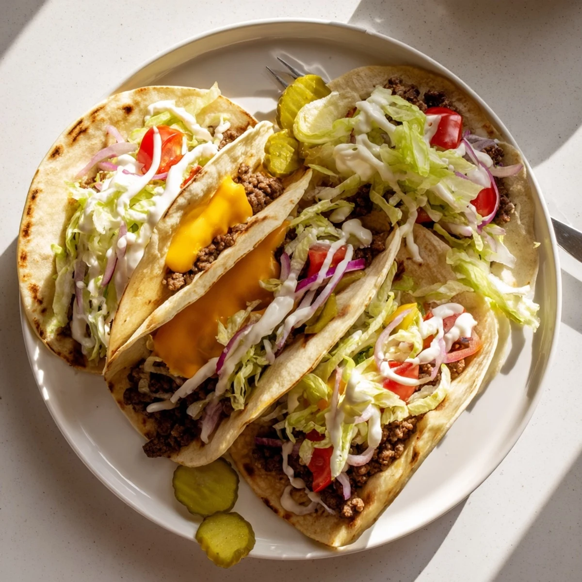 Handheld smash burger tacos showcase perfectly seared patties wrapped in soft tortillas topped with creamy homemade burger sauce and crisp vegetables