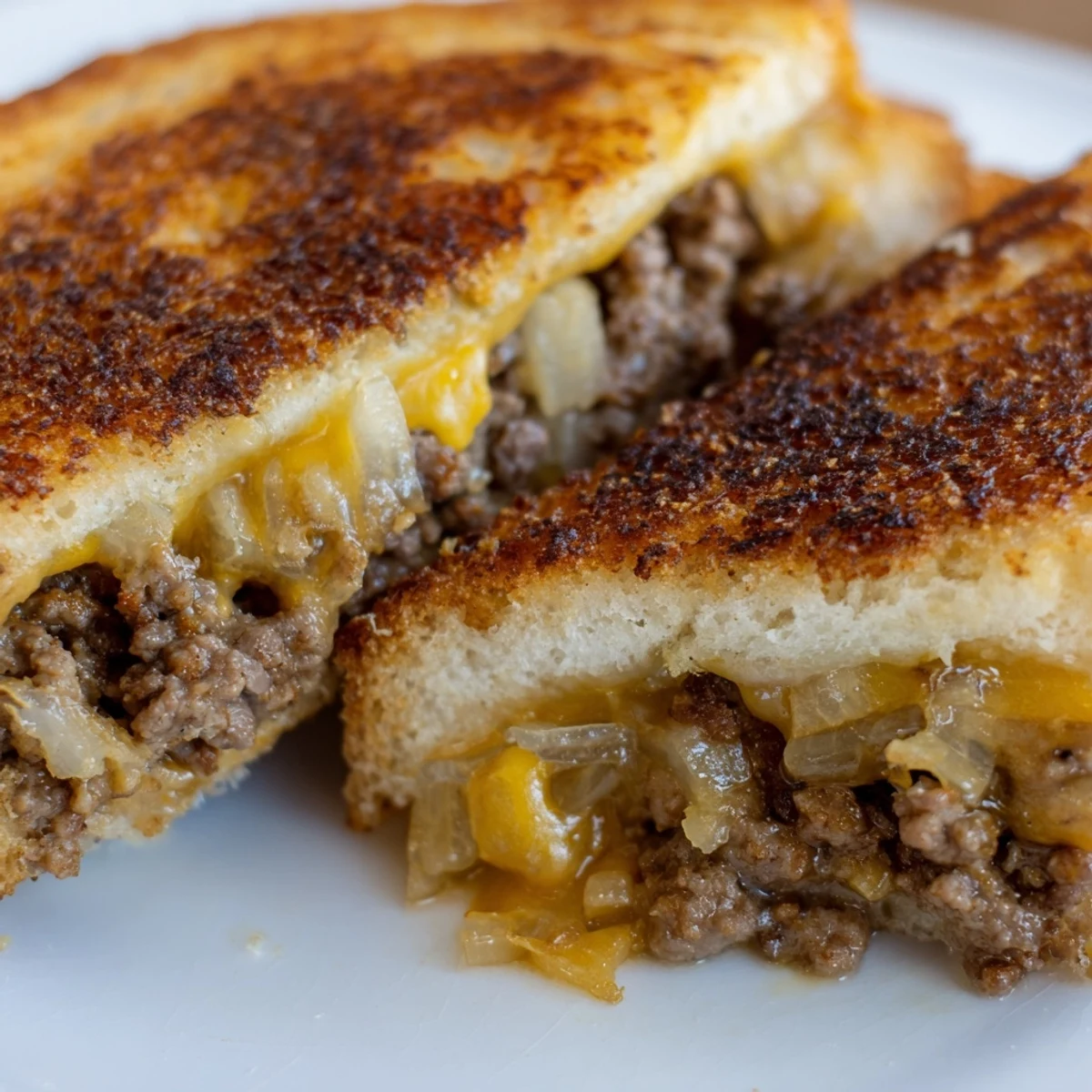 Golden toasted cheesy ground beef melt sandwich oozing with melted cheddar and mozzarella cheese