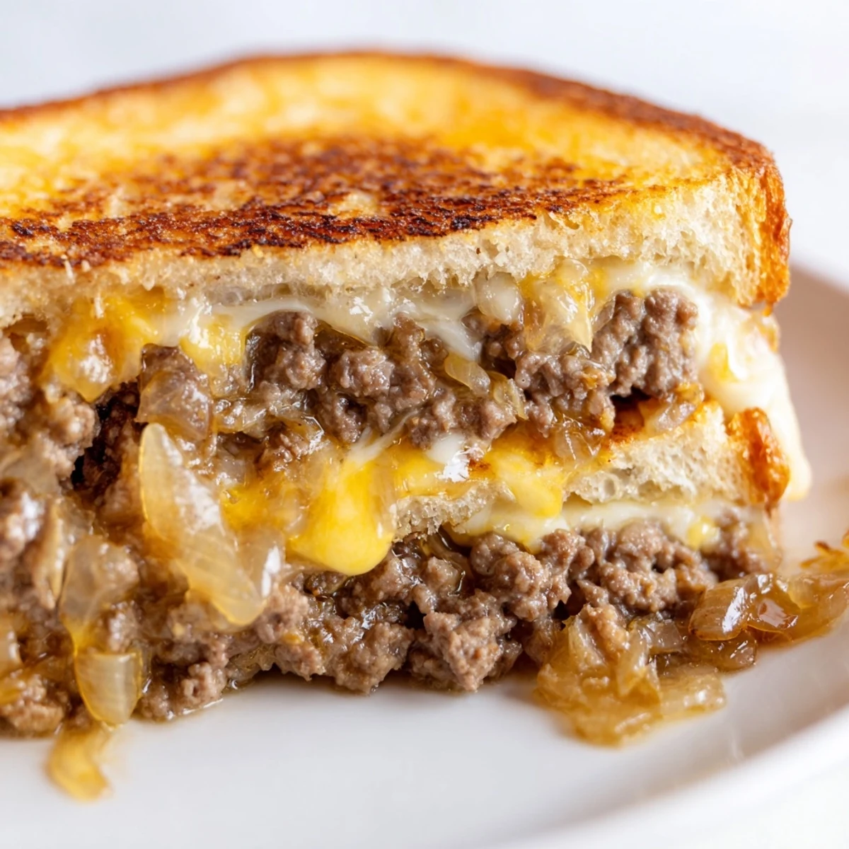 Sliced ultimate cheesy ground beef melt sandwich revealing seasoned beef and sautéed onion filling