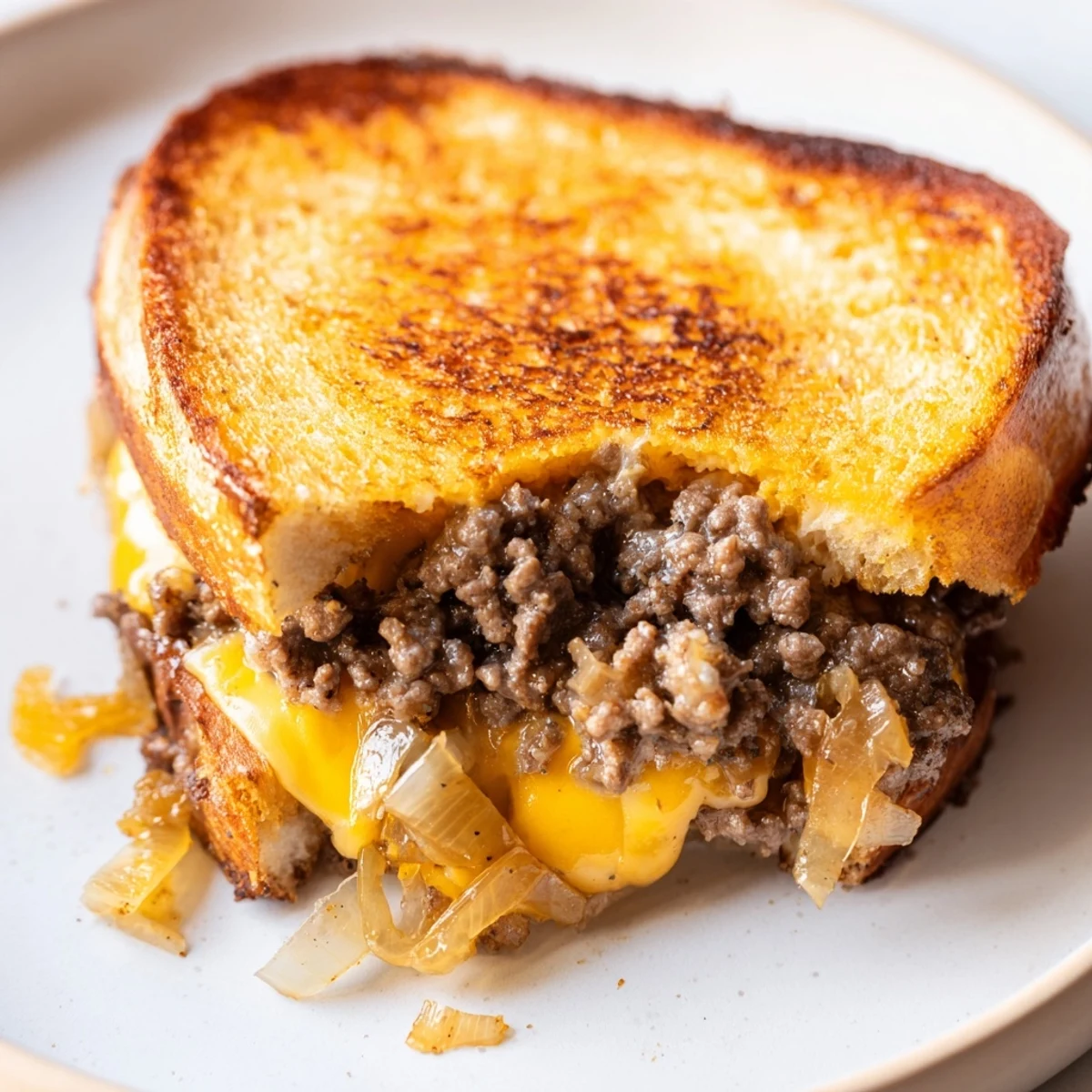 Buttery crispy bread overflowing with seasoned ground beef and double cheese blend in this ultimate melt