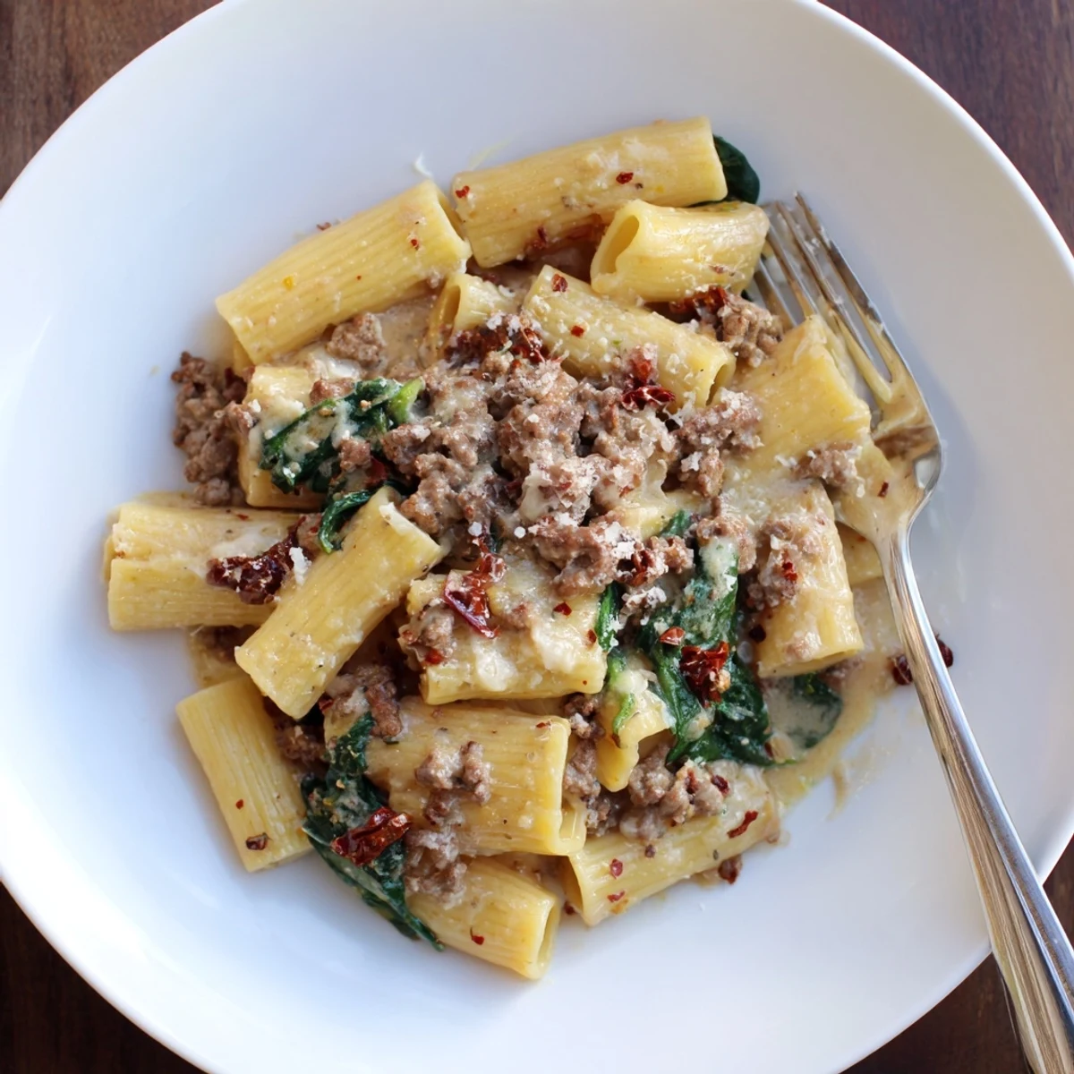 Rigatoni tossed in rich garlic cream sauce with browned beef and sun-dried tomatoes