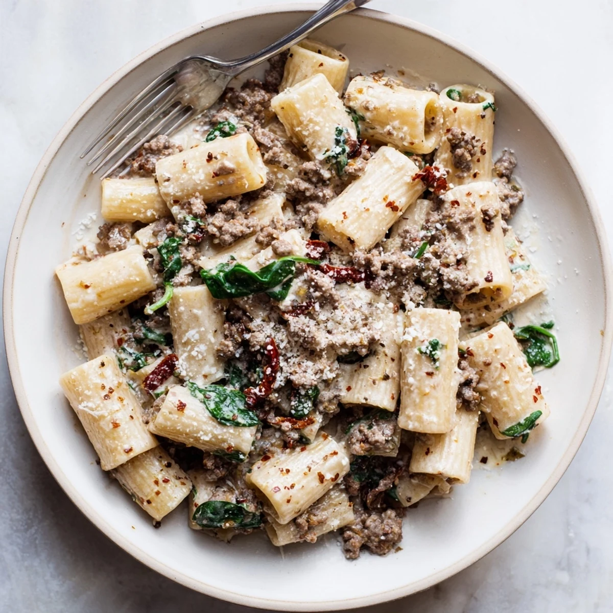 Creamy marry me ground beef pasta plated with parmesan shreds and fresh basil garnish