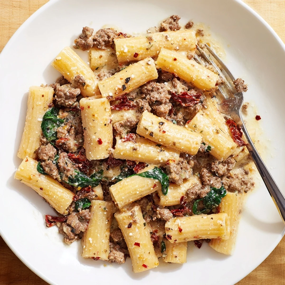 Steaming bowl of marry me ground beef pasta topped with grated parmesan cheese