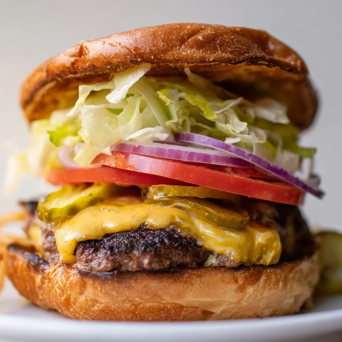 Golden crispy smash burger with melted American cheese on toasted brioche bun