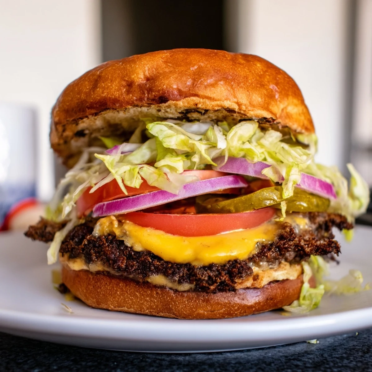Juicy smash burger patty topped with fresh lettuce tomato and red onion