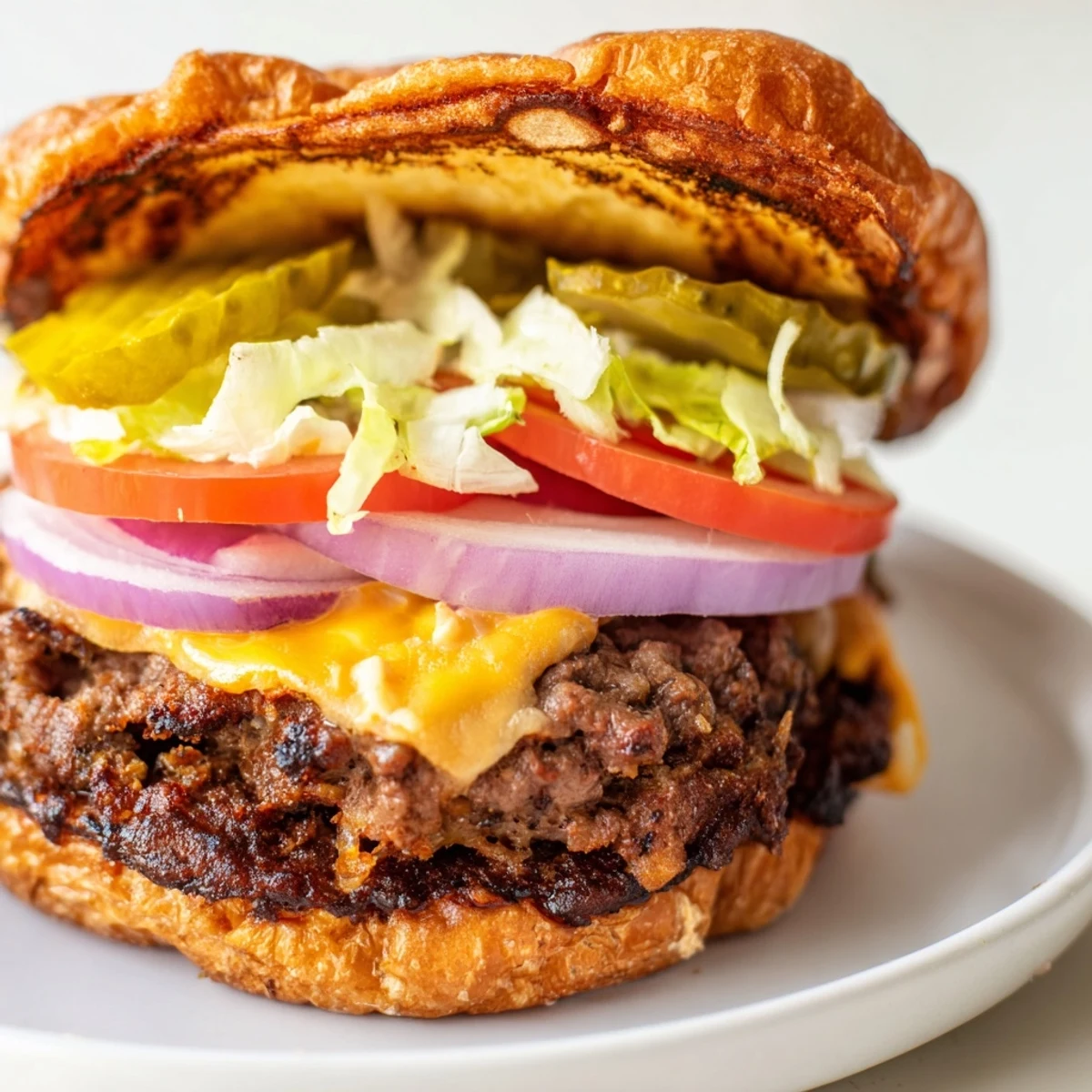 Classic American smash burger with crispy edges and melty cheese on griddle