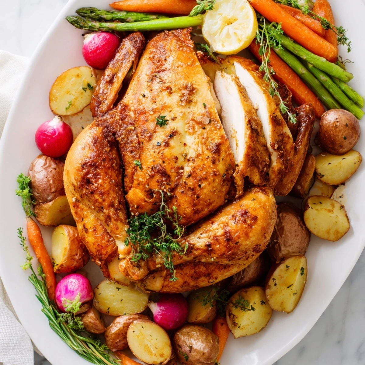 Golden herb roasted chicken with spring vegetables on a rustic serving platter