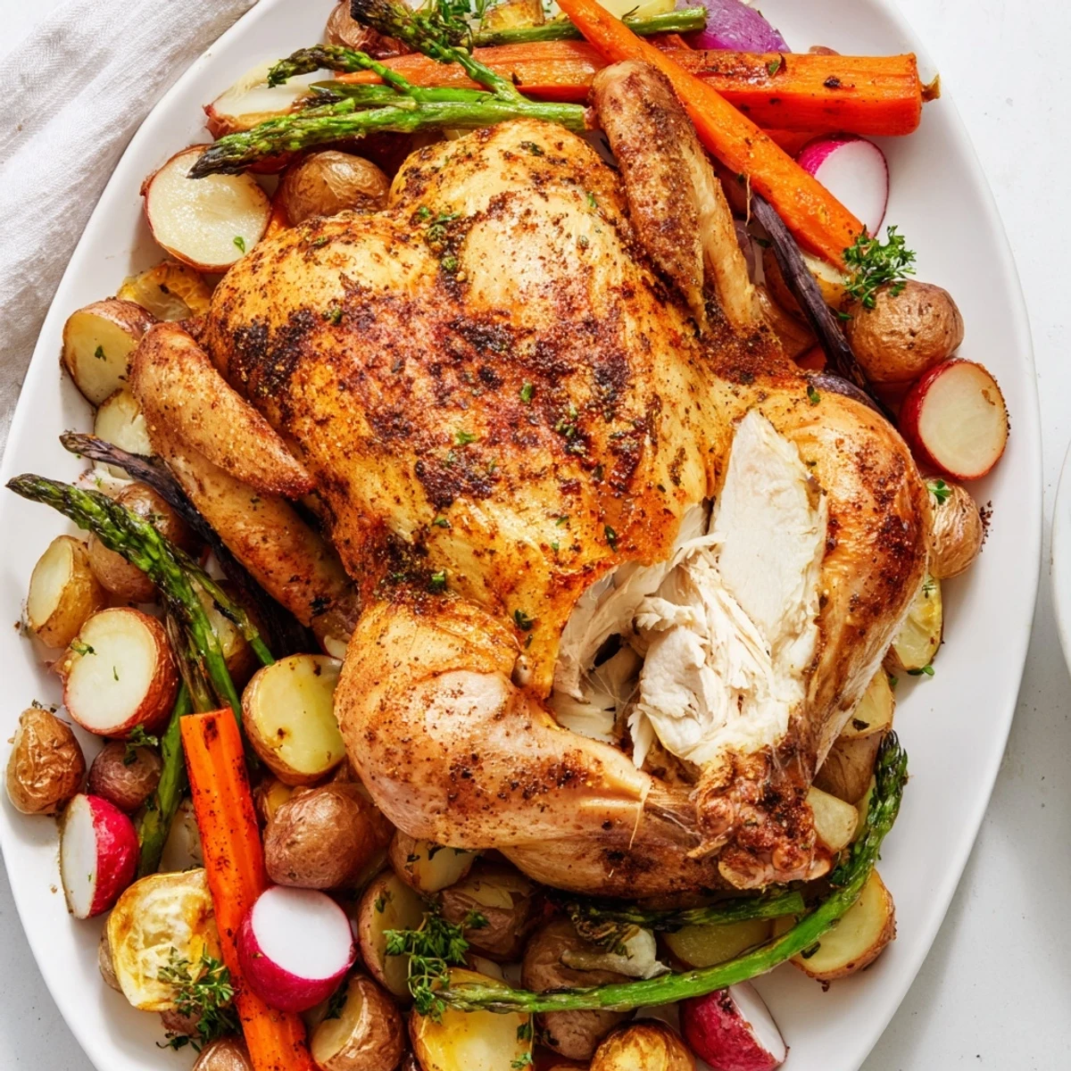 Juicy whole chicken surrounded by colorful roasted carrots potatoes and fresh asparagus