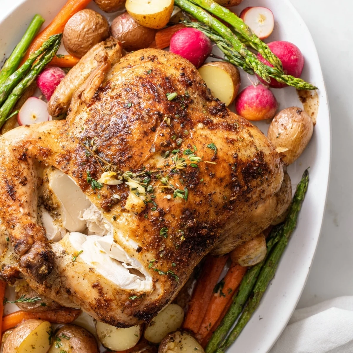 Family style herb roasted chicken dinner with tender seasonal spring vegetables