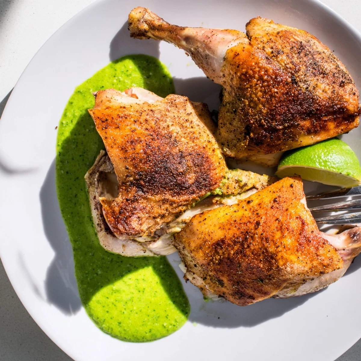 Golden Peruvian roast chicken with crispy skin served beside vibrant creamy green sauce platter