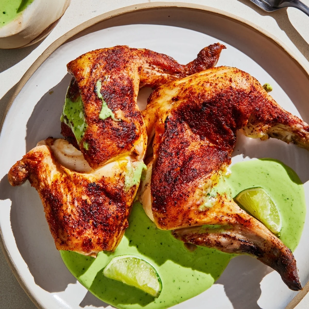 Whole roasted Peruvian chicken with aromatic cumin spices accompanied by zesty cilantro green dipping sauce