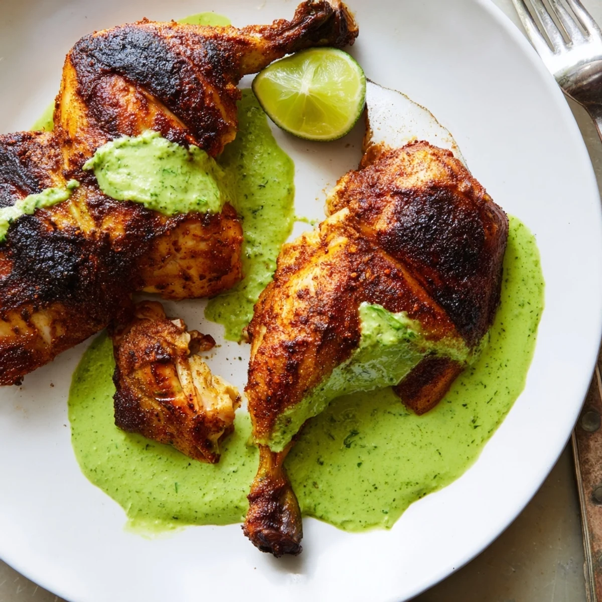 Spice-marinated Peruvian roast chicken carved and garnished with tangy herby aji verde sauce drizzle