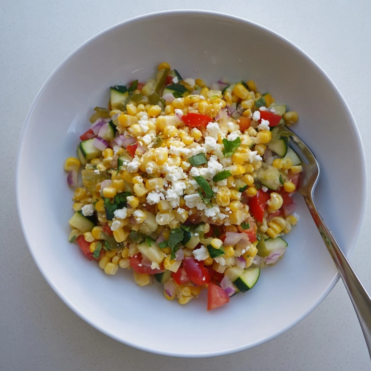 Colorful Calabacitas side dish featuring tender zucchini, sweet corn kernels, and juicy diced tomatoes