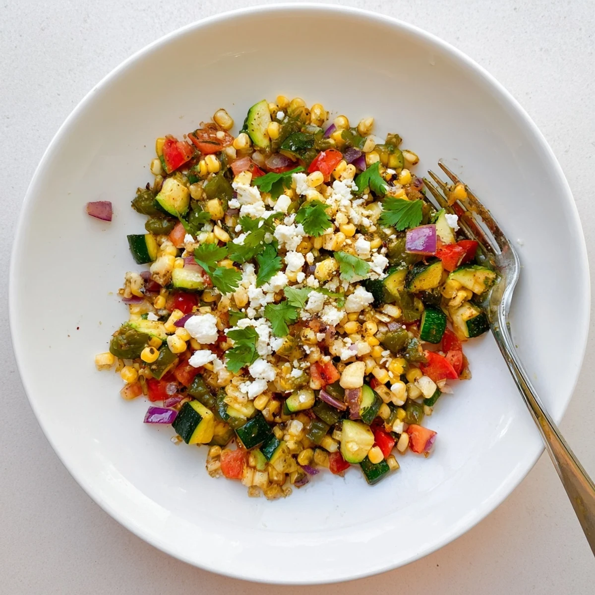 Golden sautéed Calabacitas recipe topped with crumbled queso fresco in a rustic serving bowl