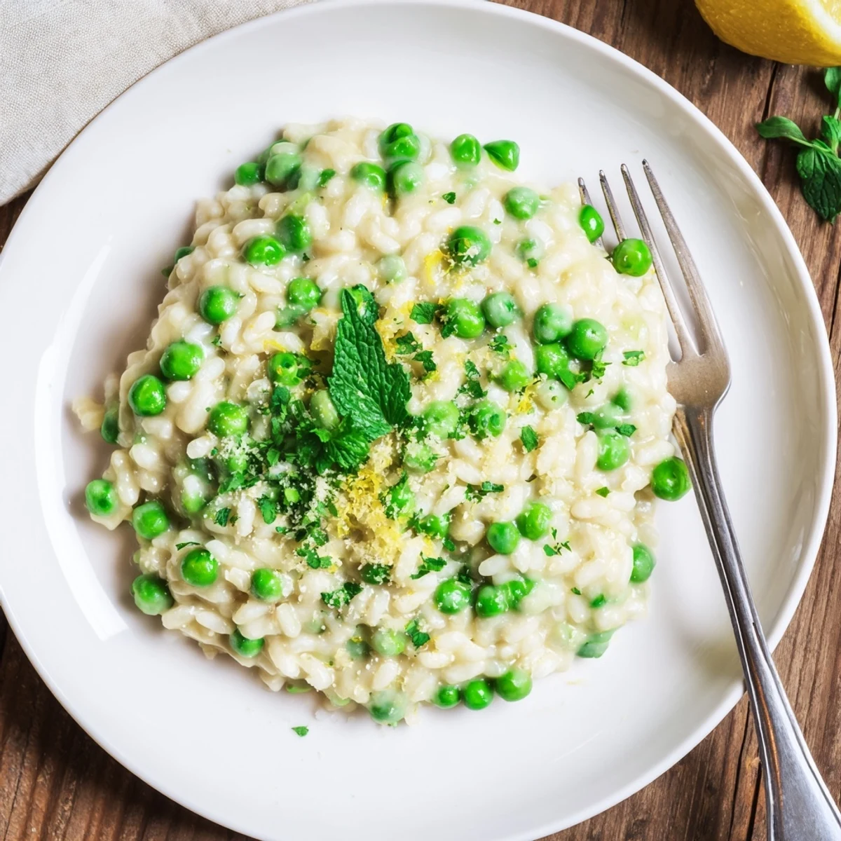 Creamy spring pea risotto with bright green peas, fresh herbs, and grated Parmesan cheese