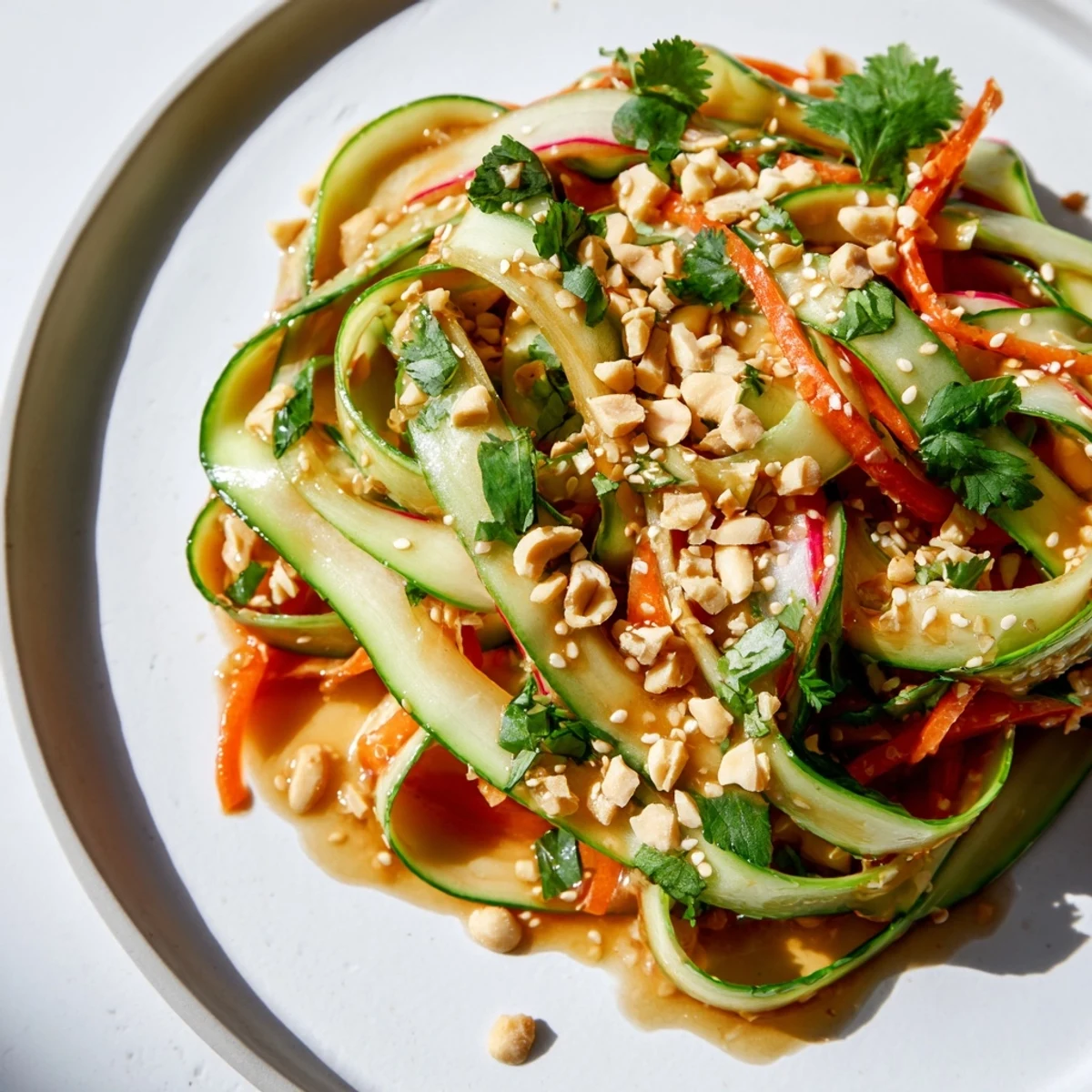 Fresh cucumber carrot salad with big crunch featuring julienned vegetables in sesame dressing