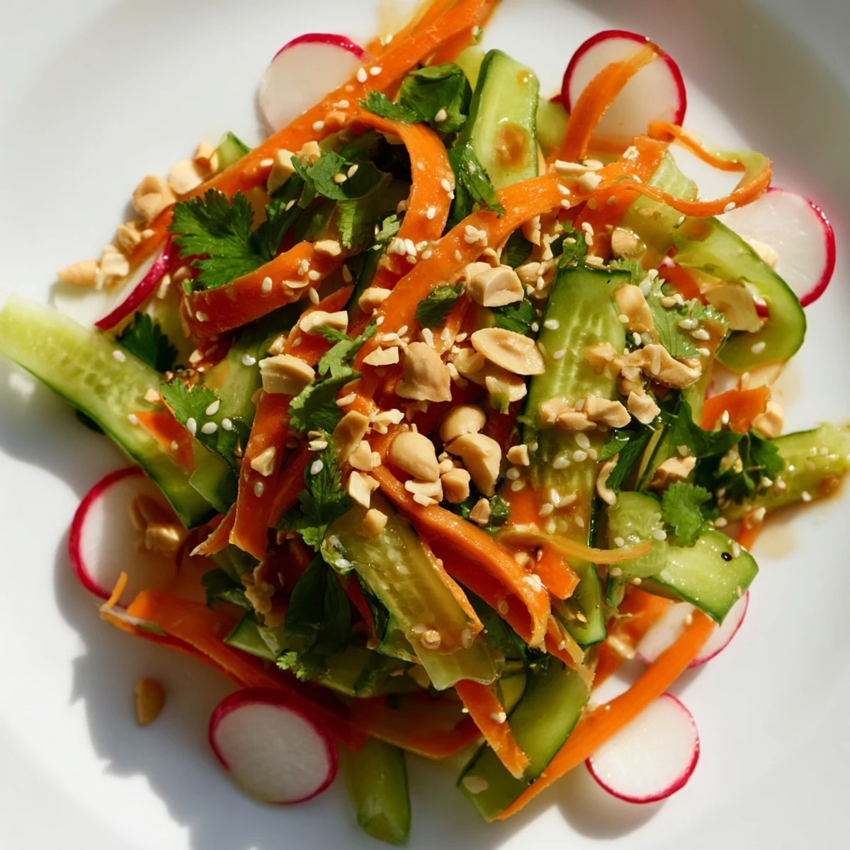 Vibrant cucumber carrot salad with big crunch topped with crushed peanuts and fresh cilantro garnish