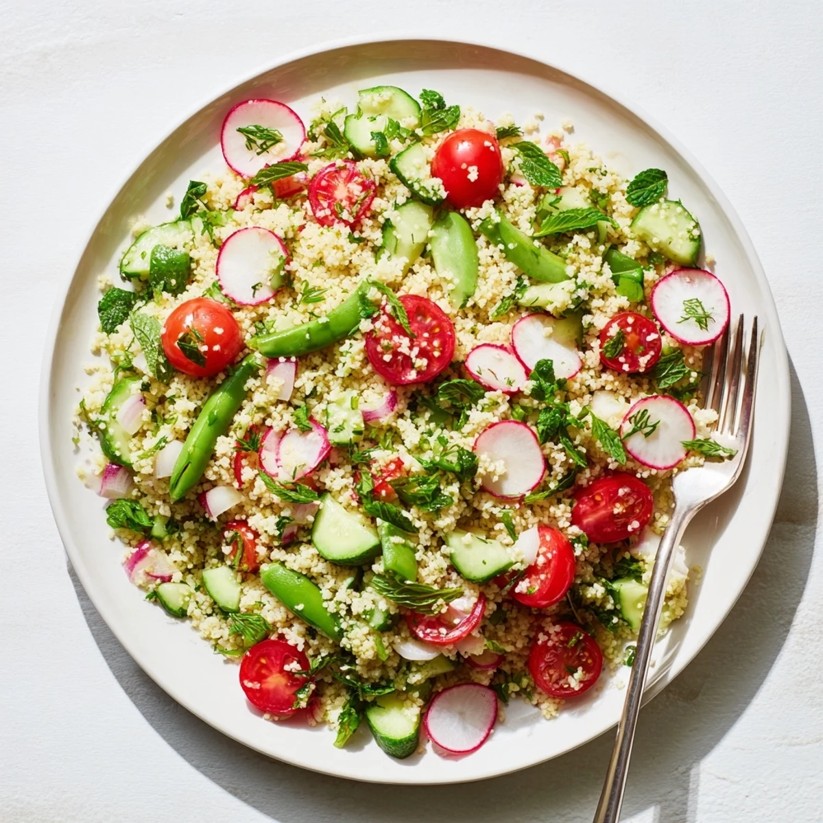 Mediterranean-style spring couscous salad featuring cherry tomatoes, crisp cucumbers, and fragrant fresh herbs