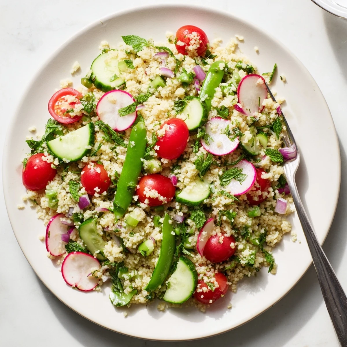Fresh spring couscous salad bowl with colorful vegetables and zesty lemon herb dressing