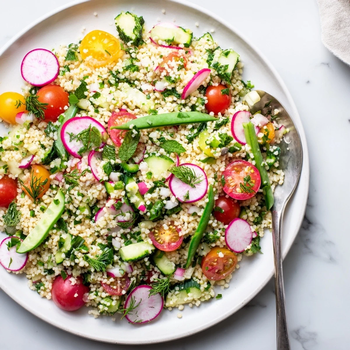Vibrant bowl of spring couscous salad tossed with crisp vegetables and bright lemon dressing