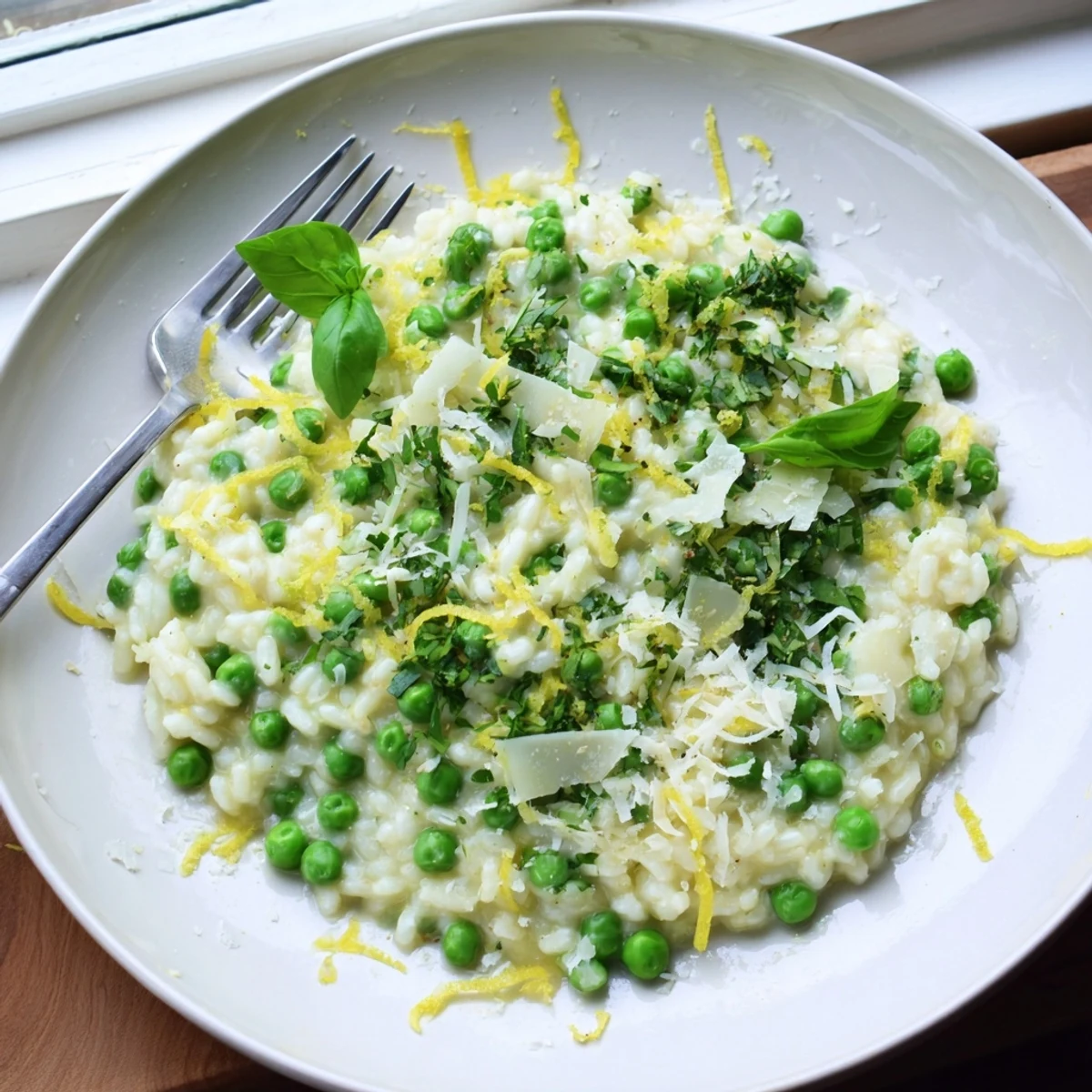 Vibrant green pea risotto plated in a white bowl with basil garnish