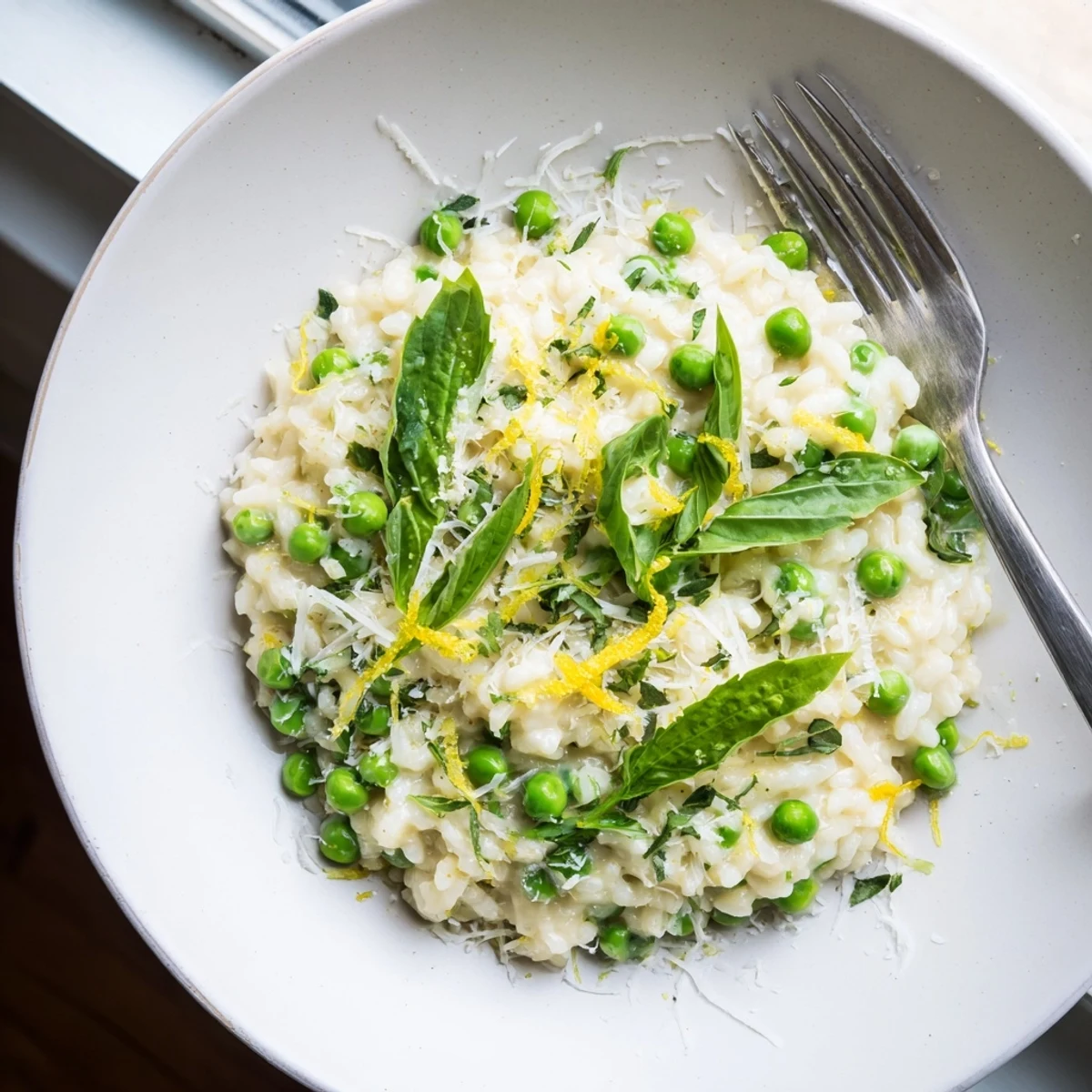 Spoonful of cheesy spring pea risotto showing tender peas and Parmesan shavings