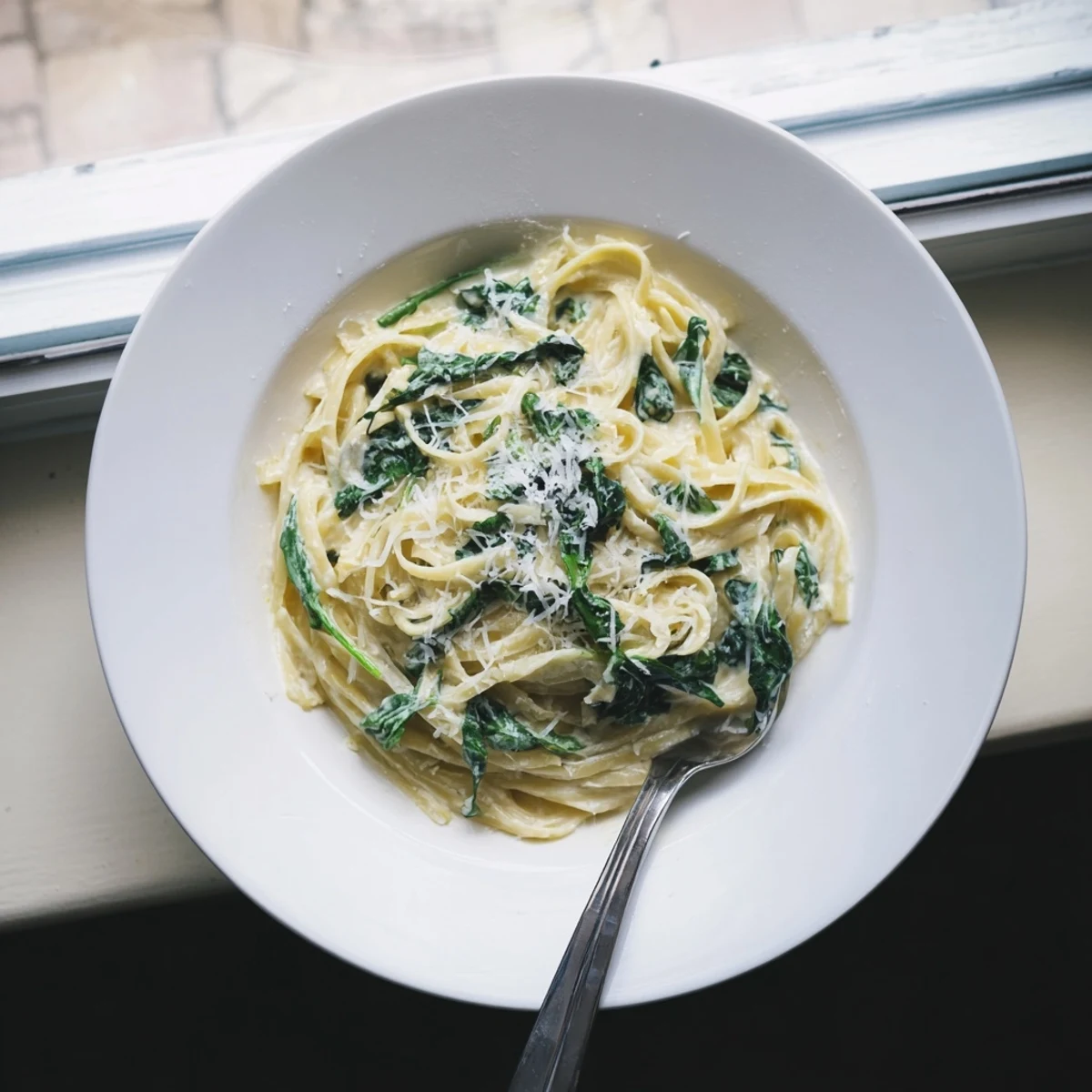 Golden spaghetti noodles coated in tangy lemon ricotta sauce with wilted green arugula leaves