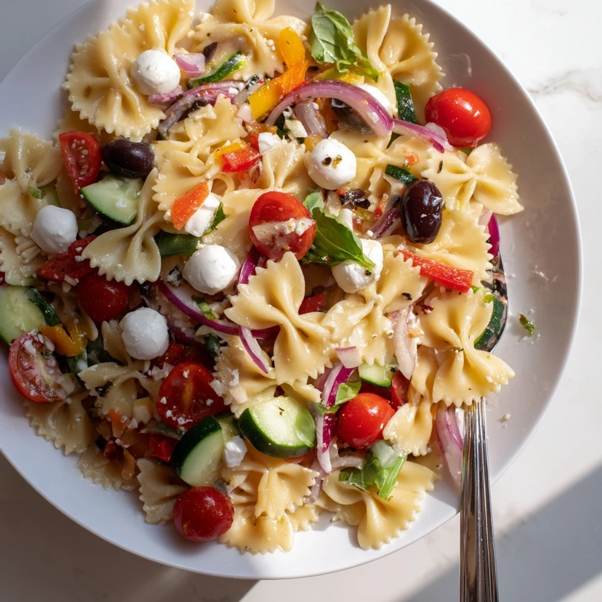 Vibrant farfalle pasta salad bowl featuring crisp vegetables, black olives and Parmesan cheese drizzled with homemade Italian vinaigrette