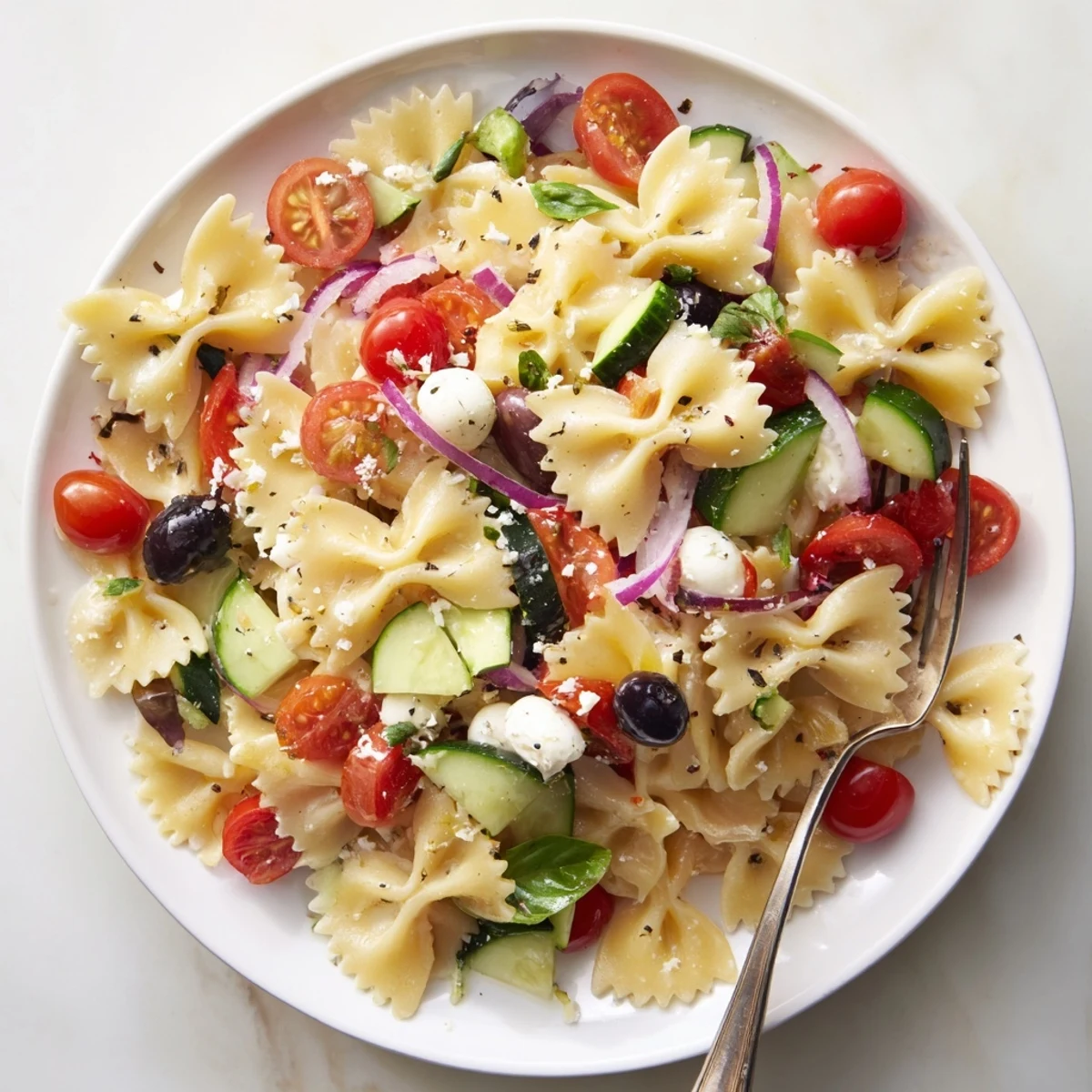 Colorful Italian bow tie pasta salad with cherry tomatoes, cucumber, mozzarella pearls and fresh basil tossed in zesty dressing