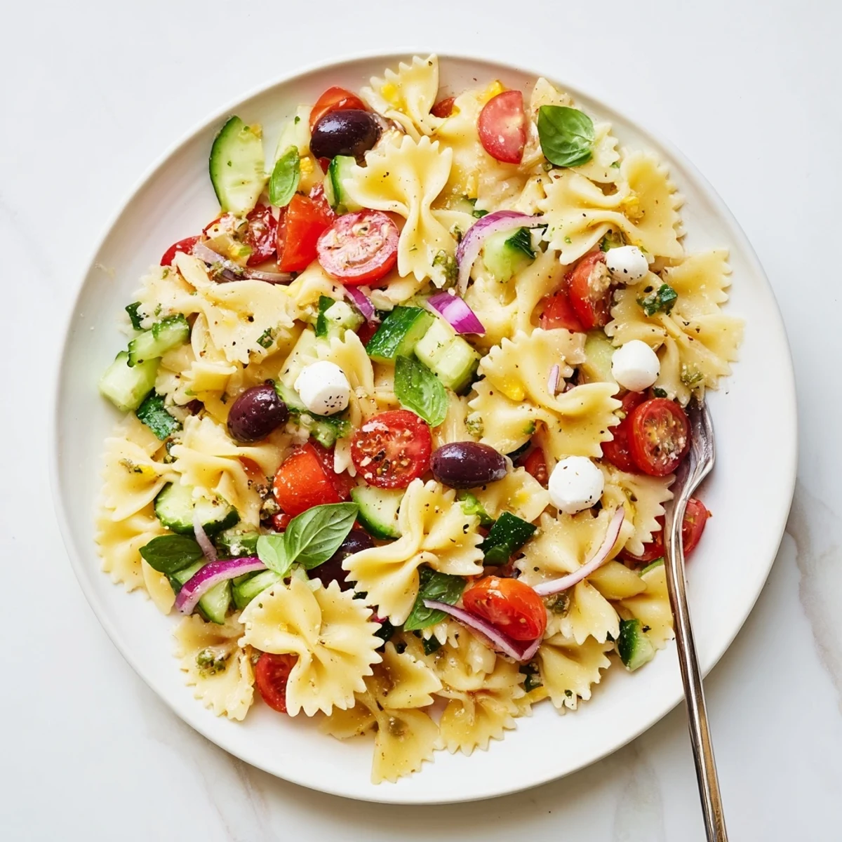 Refreshing Italian bow tie pasta salad with diced red bell pepper, mozzarella and fresh basil garnish ready for summer picnics