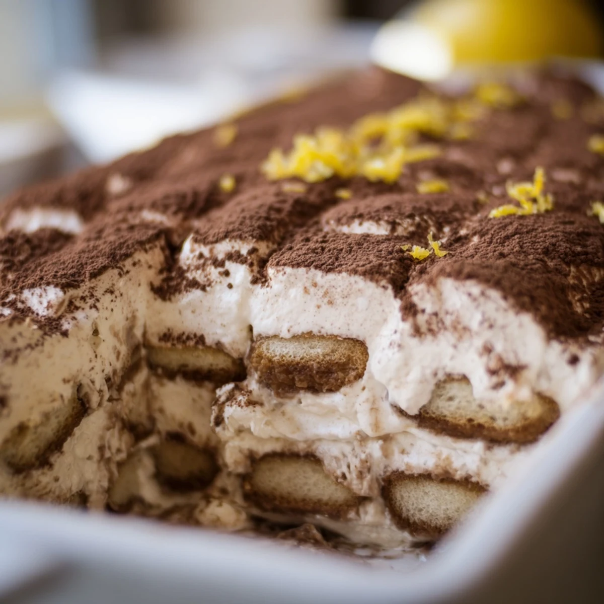 Square serving dish of Earl Grey tiramisu dusted with dark cocoa powder and fresh lemon zest garnish