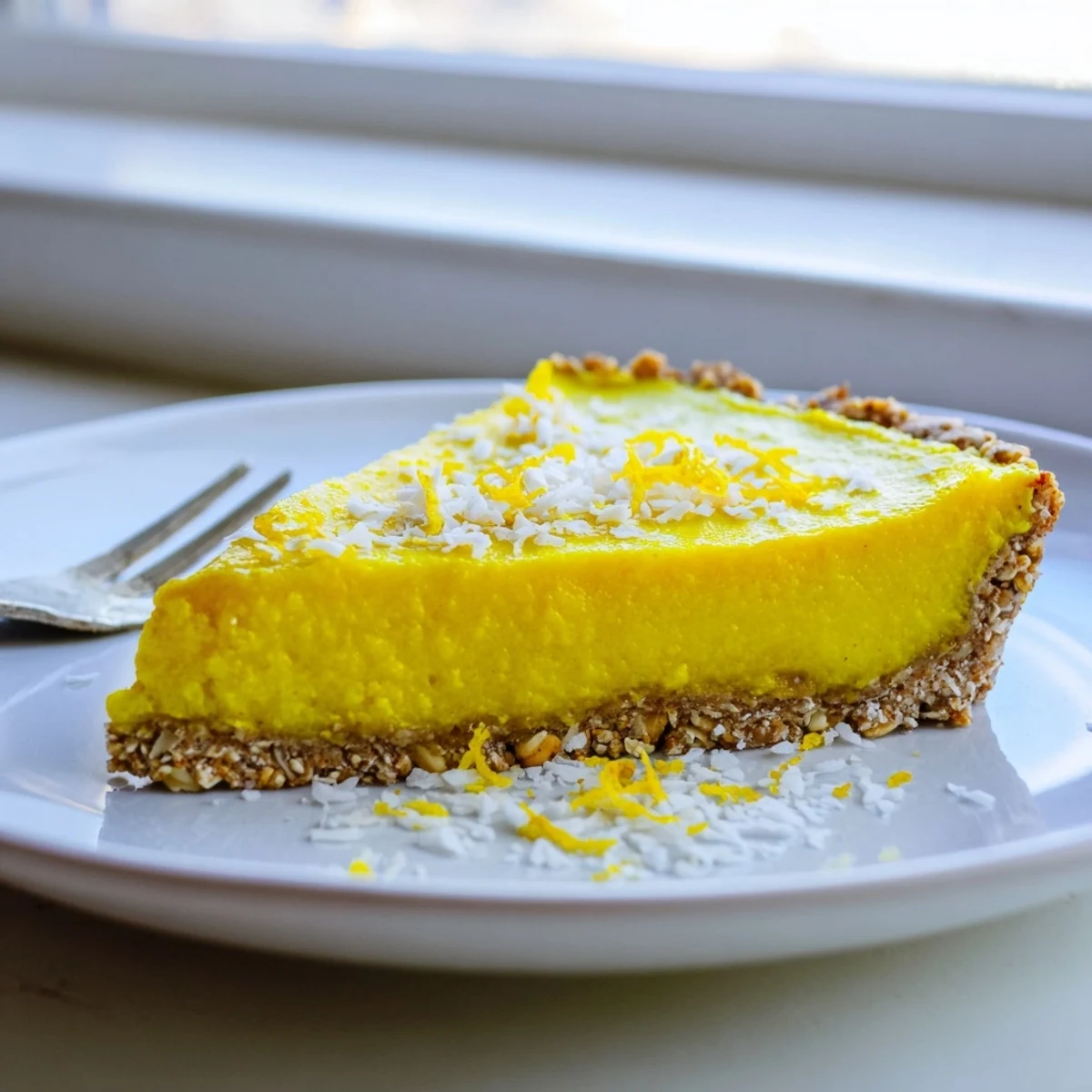 Creamy no bake vegan lemon tart with smooth yellow filling and nutty almond crust