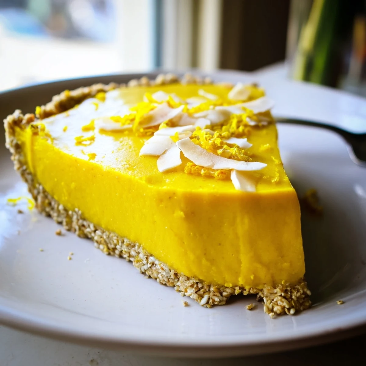 Vegan lemon tart slice topped with fresh zest on a homemade date oat crust