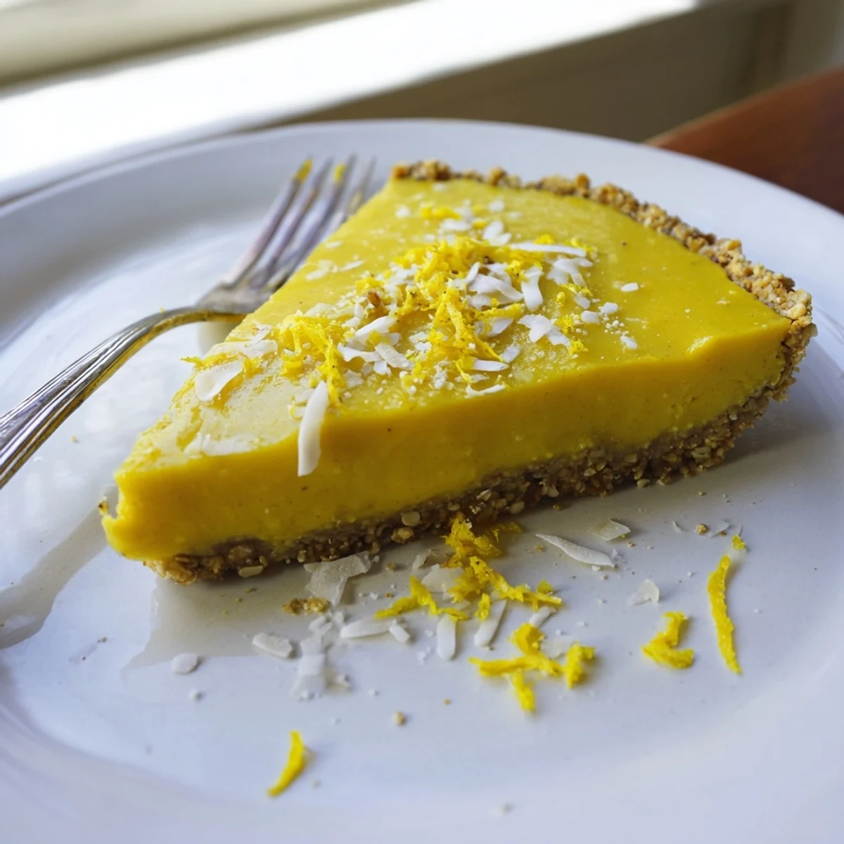 Bright lemon filling in a crisp nut crust garnished with coconut flakes and berries