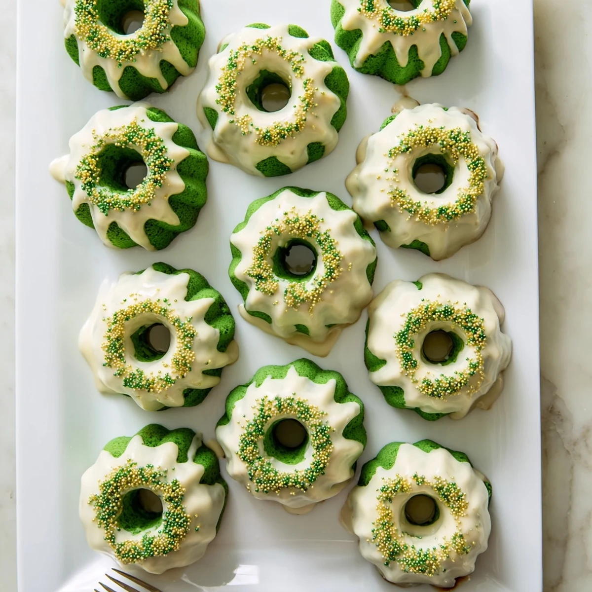 Vibrant green velvet mini bundt cakes drizzled with white vanilla glaze and festive sprinkles on a serving platter