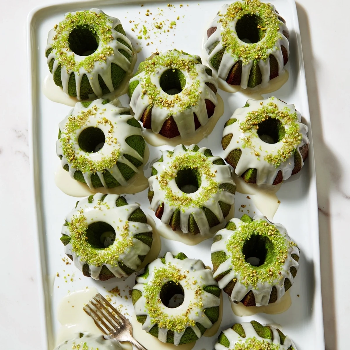 Moist green St. Patricks mini bundt cakes topped with creamy vanilla frosting and colorful gold and green decorations