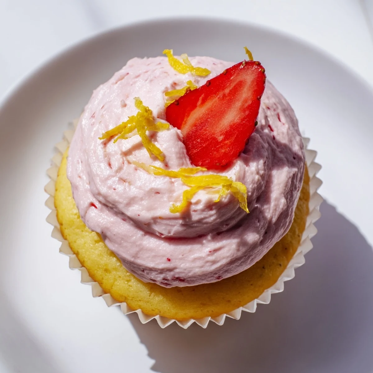 Golden lemon cupcakes with fluffy pink strawberry buttercream frosting piped on top