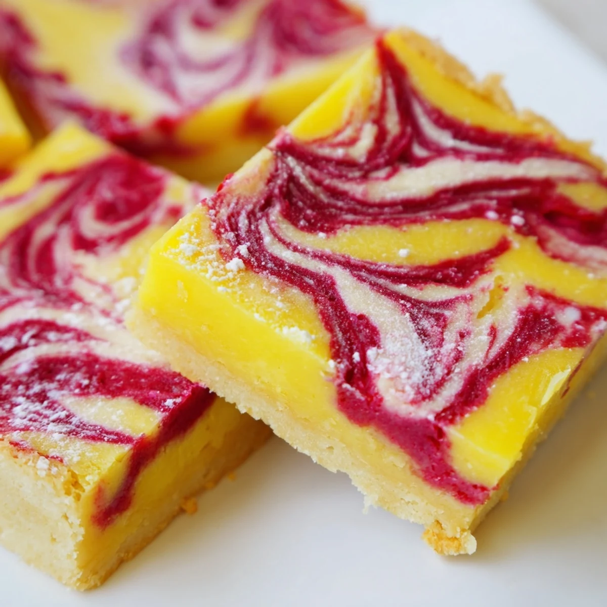 Freshly baked lemon raspberry swirl bars with bright citrus filling and raspberry swirl pattern