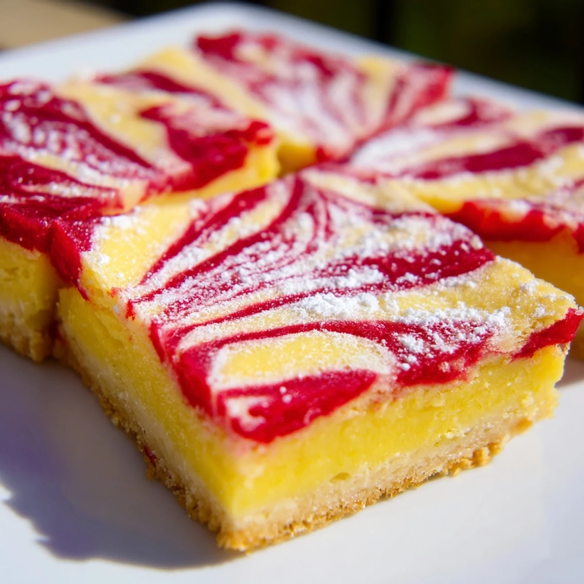 Golden lemon raspberry swirl bars featuring marbled raspberry ribbons atop buttery shortbread crust