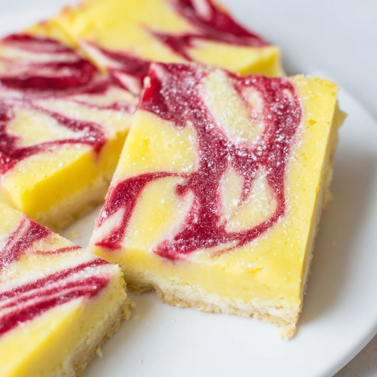 Slice of lemon raspberry swirl bars dusted with powdered sugar on white serving plate