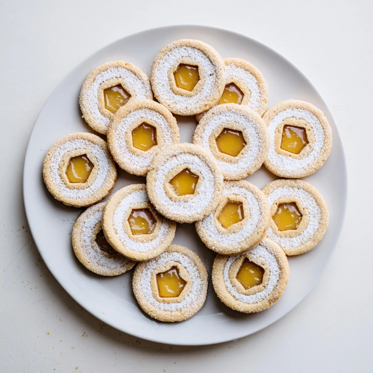 Golden Meyer lemon curd Linzer cookies with powdered sugar-dusted sandwich cookie tops