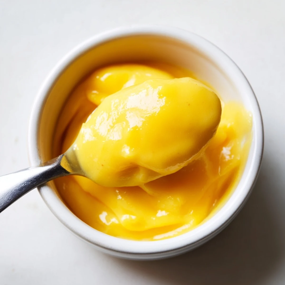 Smooth plant-based mango curd layered in a parfait glass with coconut yogurt and berries