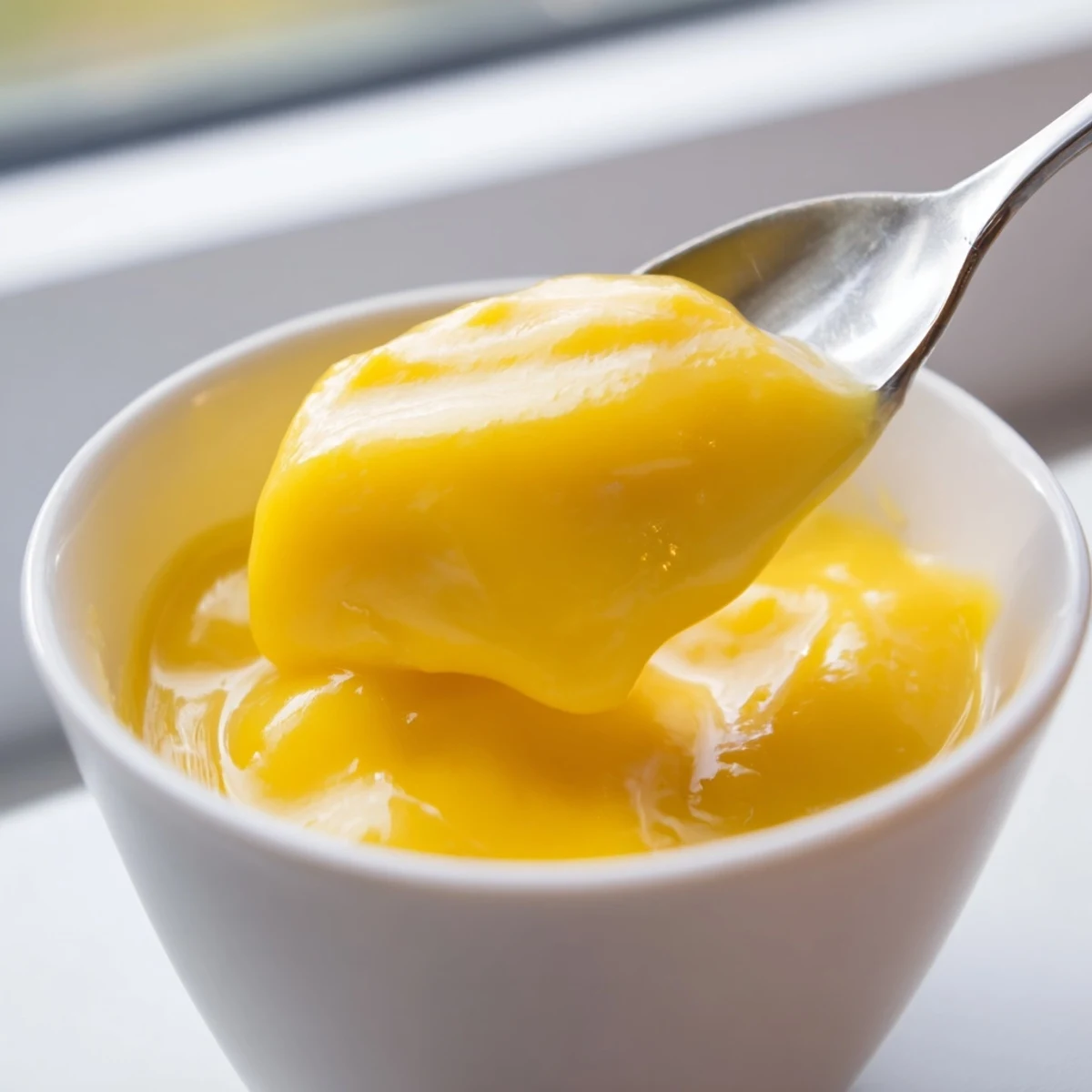 Creamy dairy-free mango curd being drizzled over fluffy pancakes with ripe fruit garnish