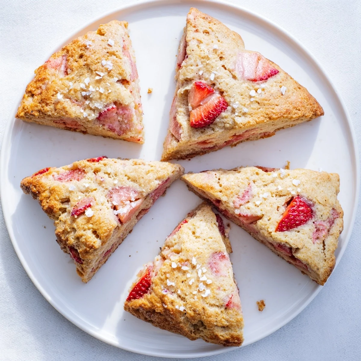 Flaky buttery strawberry scones baked until golden with juicy fruit pieces throughout