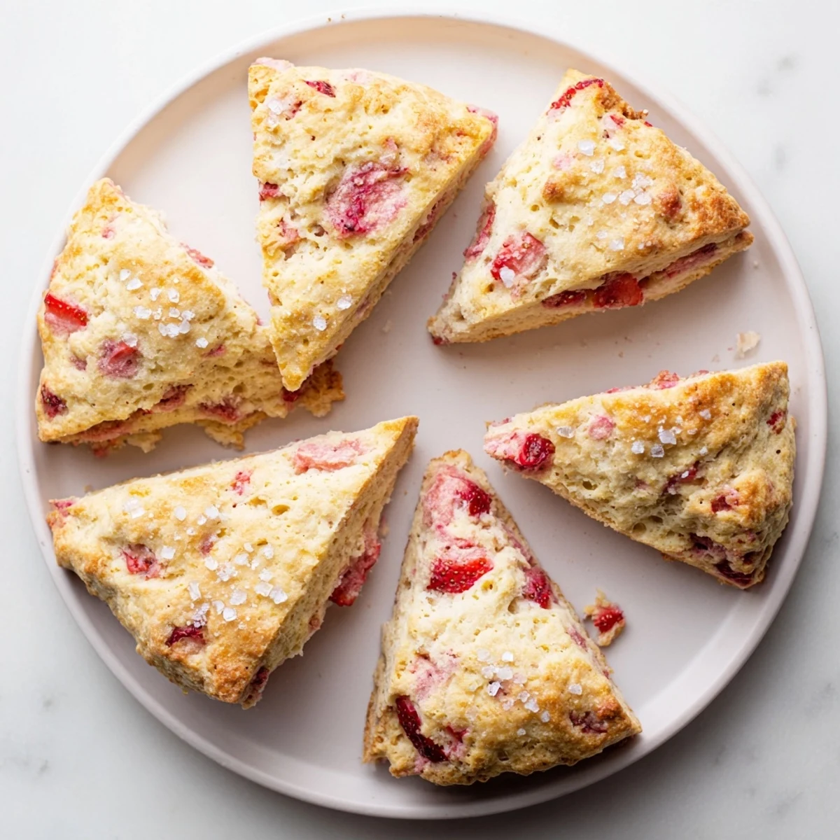 Golden homemade strawberry scones studded with fresh red berries and topped with coarse sugar