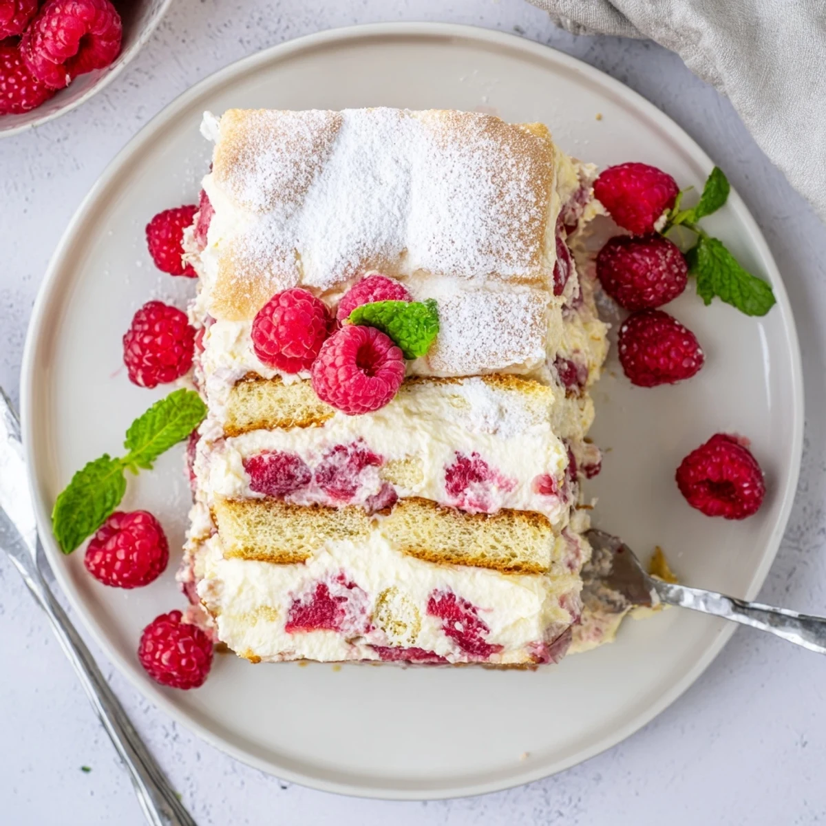 Classic Italian raspberry tiramisu featuring coffee-dipped ladyfingers topped with vibrant red raspberries and powdered sugar