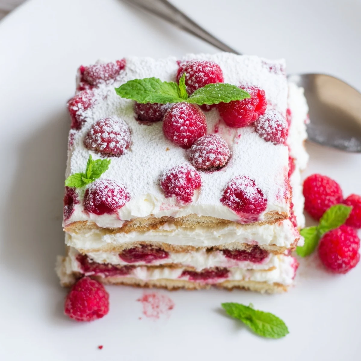 Raspberry tiramisu layered dessert showcasing creamy mascarpone and fresh ruby berries in a glass dish