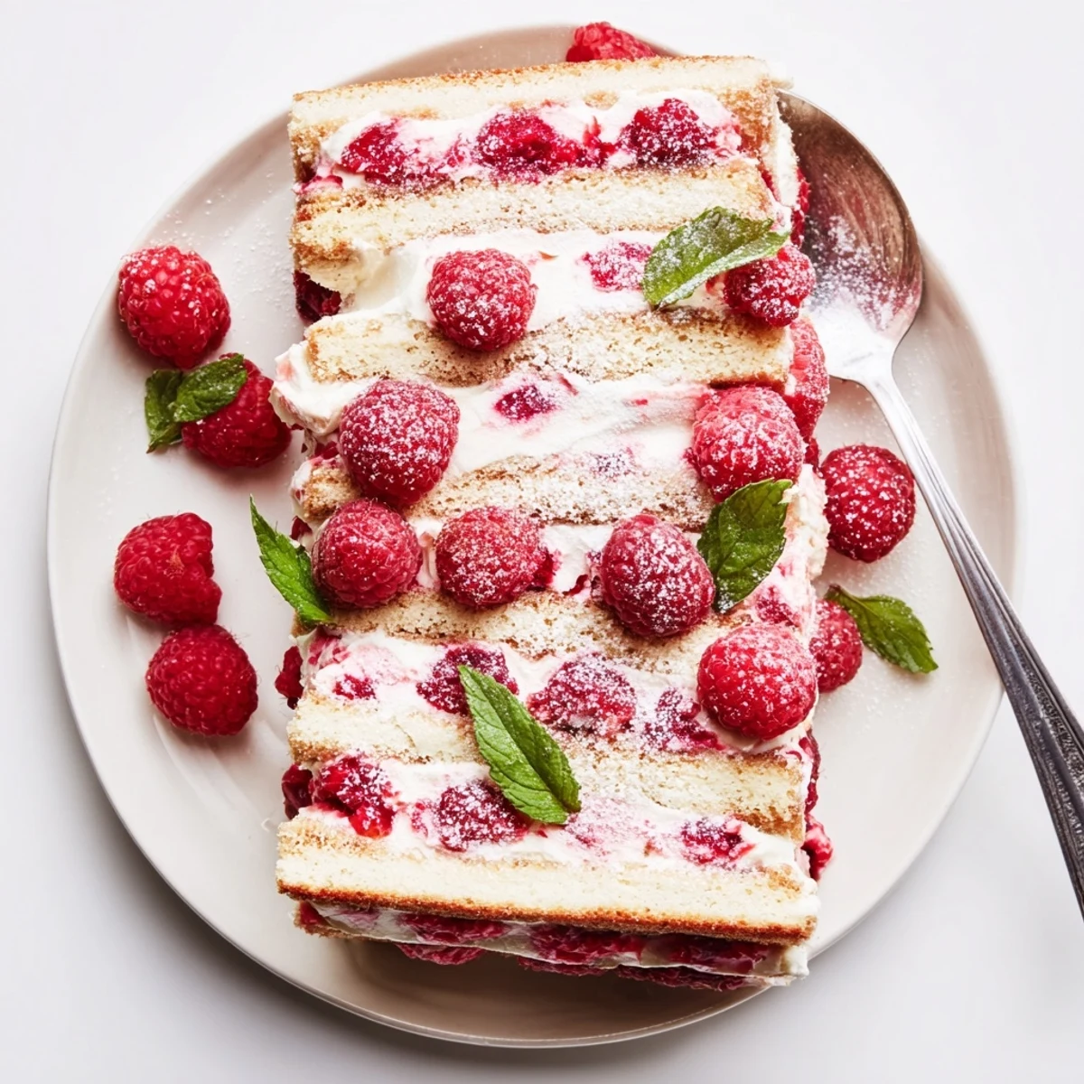 Homemade raspberry tiramisu slice revealing alternating layers of mascarpone cream ladyfingers and bright fresh berries