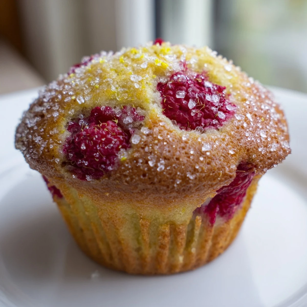 Golden lemon raspberry muffins topped with coarse sugar, bursting with fresh berry pockets